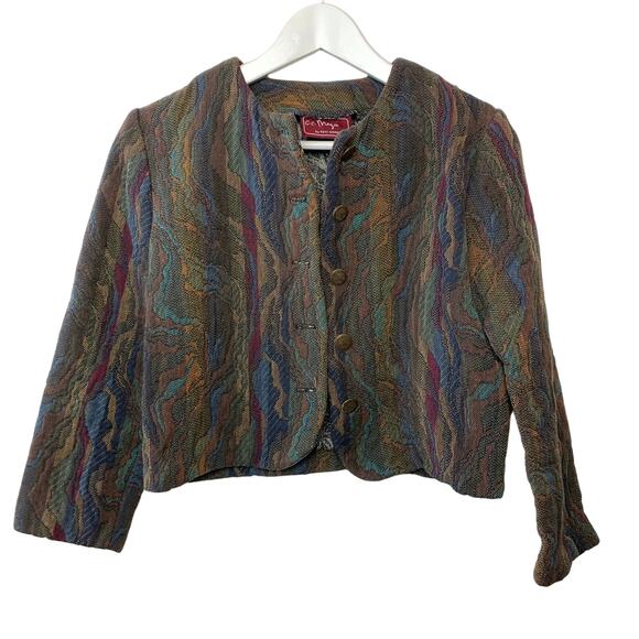 Vintage 90s C.C. Magic Tapestry Cropped Blazer Jacket Earth Tones Collarless - Picture 1 of 3